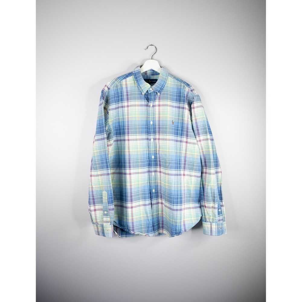 Ralph Lauren Button Down Shirt Mens XL Blue Green Plaid Long Sleeve Cotton‎ pony